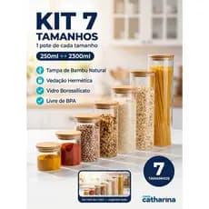 Kit Completo 7 Pote de Vidro Hermetico Tampa Madeira Bambu Organizador de Cozinha