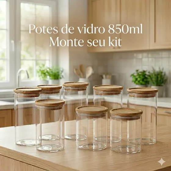 Kit 4 Potes Herméticos Vidro 850ml Tampa Bambu Vedação Para Temperos Mantimentos e Condimentos