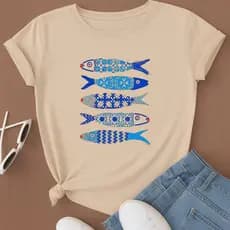 Blusinha Feminina Inspiração Peixe Sardinha T-Shirt Modinha malha 100% Algodão Envio Imediato