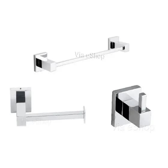 Kit acessório Banheiro Completo 3 peças -Toalheiro Barra 30cm + Cabide + Porta Papel Reto - Metal Inox Cromado porta toalhas Cabideiro Papeleira Parede Premium Hotel Luxo Pousada MInimalista
