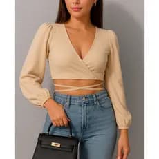 Cropped Manga Bufante Crepe Duna Cropped Transpassado