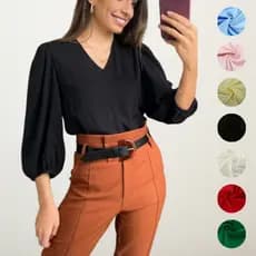 Blusa Feminina Manga  3-4 Crepe Duna Moda Evangélica Blusa Preta