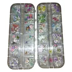 kit c/ 1 estojo c/ 12 strass + flores + decorações dourados para unhas - H&N BAZAR -