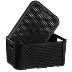 Kit Organizador com tampa preto rattan 8,8 litros plástico resistente multiuso organização casa