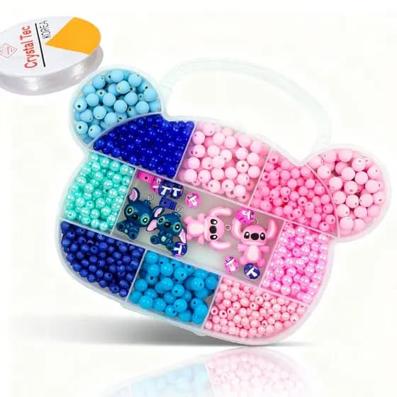 Kit Miçangas Infantil Stitch Para Fazer Pulseiras e Colares + Fio Silicone | Kit Criativo Crianças
