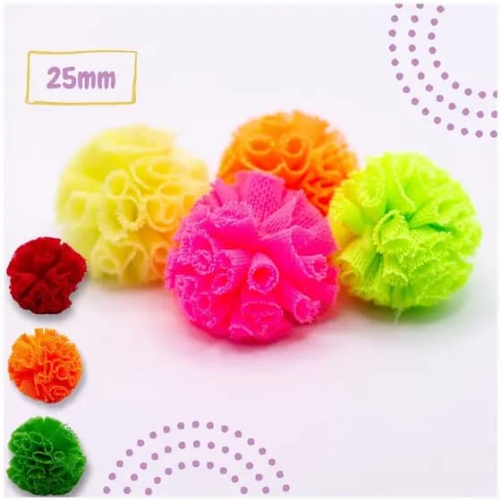 50 Peças Pompom De Malha Tule Poliéster 25mm Várias Cores