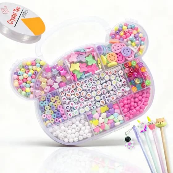 Kit de Miçangas Infantil Maleta Coloridas Para Pulseira e Colar +Fio e 1 Caneta Fofa