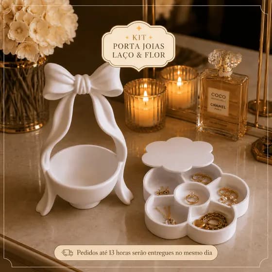 kit Porta Jóias Laço Decoração Quarto Penteadeira Organizador de Mesa para Anéis e Colares