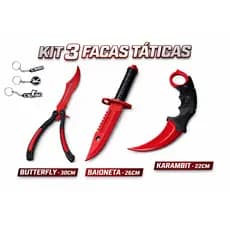 Kit 3 Facas CS2 Gamer -Karambit, Butterfly e Baioneta + Chaveiro Brinde - Decoração / Cosplay