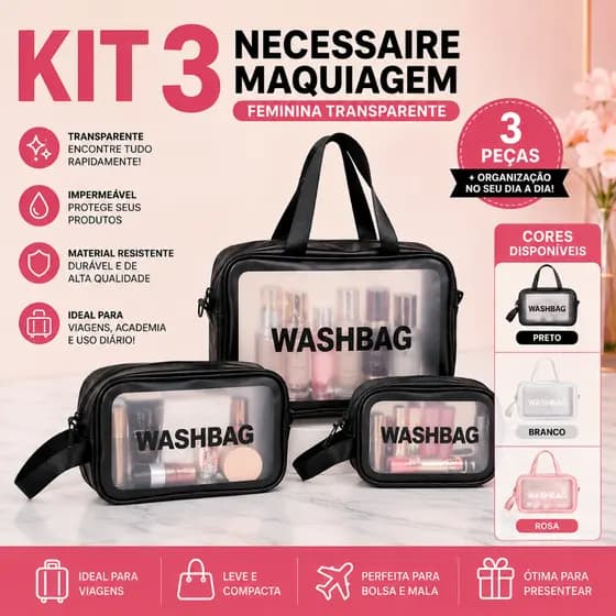 Kit 3 Necessaire Maquiagem Feminina Transparente WashBag a prova de água Viagem