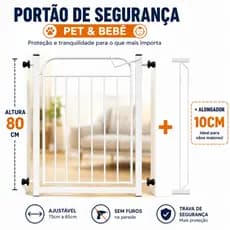 Portão Segurança Pet e Bebê Grade Proteção 80cm Sem Furos Ajustável + Alongador 10cm