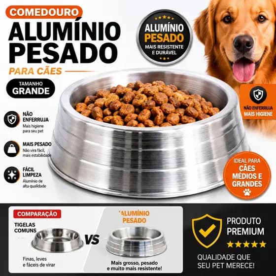 Comedouro Cachorro Alumínio Pesado Grande 2300ml Tigela Resistente