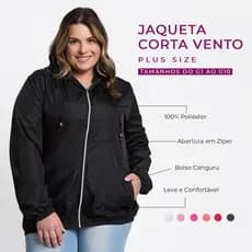 Jaqueta Feminina Corta Vento Plus Size G1 a G10 Poliéster Zíper Frontal Bolsos Laterais Com Capuz