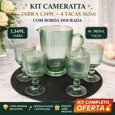 KIT Jarra Cameratta 1,349L + 4 Taças 363ml com Borda Dourada – Vidro Premium Elegante