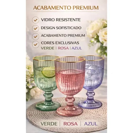 Taças Cameratta Borda Dourada 363ml Kit 4 e 6 Unidades Coloridas