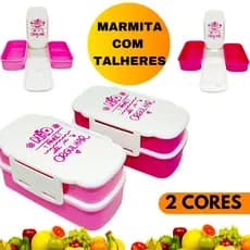 Lancheira Marmita Fitness Com Frases Motivacionais Rosa Pink C/ Talheres 2 Camadas Divisórias Travas de Segurança Dieta