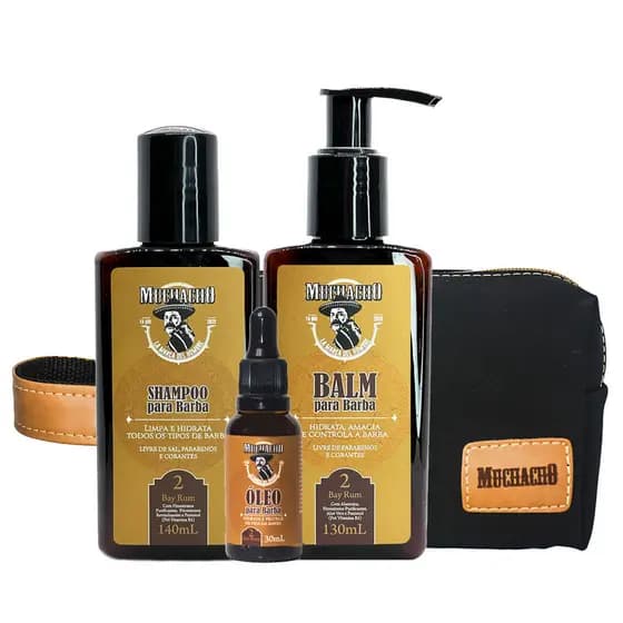 Kit Dia dos Pais Shampoo + Balm + Óleo para Barba Muchacho Bay Rum + Necessaire Muchacho Cancun
