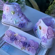 Kit Tênis Menina Jardim Encantado Lilás Sapatinho + Laço Decorado Infantil ou Faixinha/Tênis