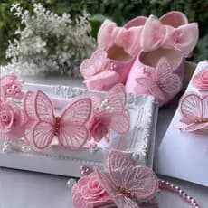 Kit Sapatinho Infantil Menina Tênis Laço Decorado Jardim Encantado Isabela + Faixinha ou Prendedor