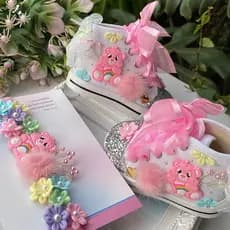 Kit Tênis Menina Ursinho Rosa Sapatinho + Prendedor Chupeta Laço Decorado Presilha ou Tênis Ursinhos
