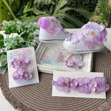 Kit Tênis Menina Jardim das Borboletas Lilás Sapatinho + Prendedor Chupeta Laço Decorado Presilha ou Tênis