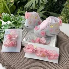 Kit Tênis Menina Jardim Encantado Rosa Sapatinho + Prendedor Chupeta Laço Decorado Presilha ou Tênis