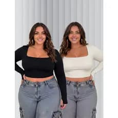 Cropped Plus Size Manga Longa Dedo Vazado Decotado Forro Duplo Suplex Premium Elegante Gola Quadrada