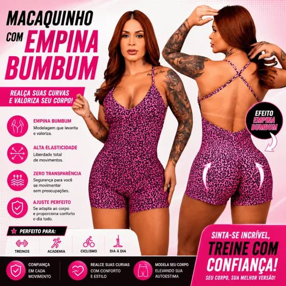 Macaquinho de Academia Empina Bumbum Feminino Look Treino Roupa Fitness Moda Esportiva Macaquinho  Animal print