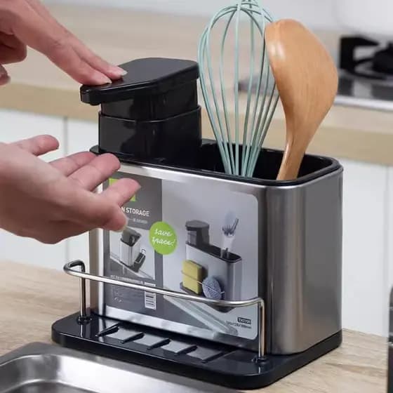 Organizador Aço Inox De Pia Suporte Para Esponja Com Porta Detergente Dispenser Sabão Cozinha