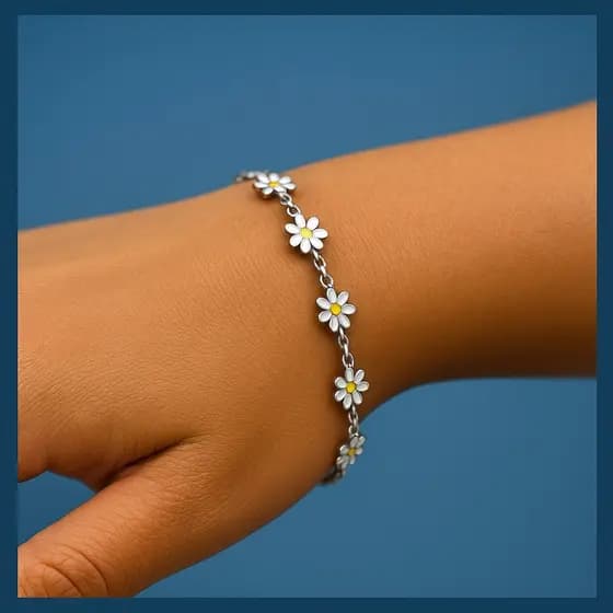 Pulseira Feminina Margaridas · Delicada · Aço Inoxidável · Ajustável · Presente Perfeito