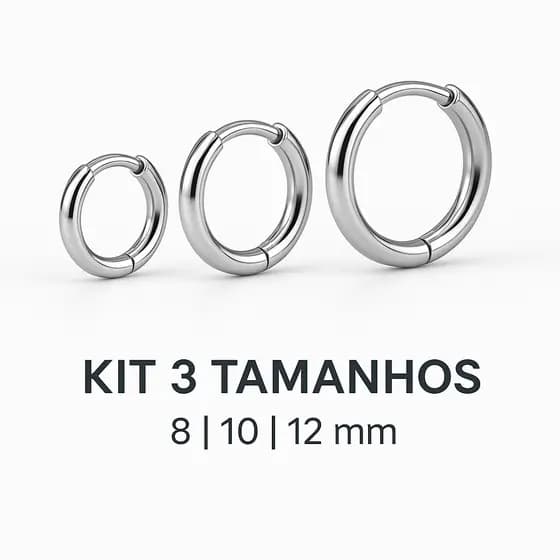 Kit 3 Pares de Brincos Argola em Aço Inoxidável Premium – 8mm + 10mm + 12mm (Unissex, Antialérgico)