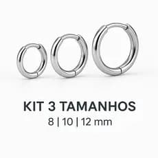 Kit 3 Pares de Brincos Argola em Aço Inoxidável Premium – 8mm + 10mm + 12mm (Unissex, Antialérgico)