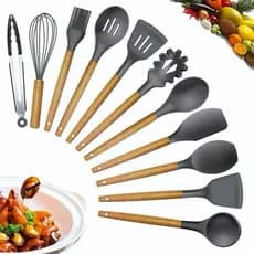 Kit Utensílios Silicone Madeira para Cozinha Premium 12 Peças