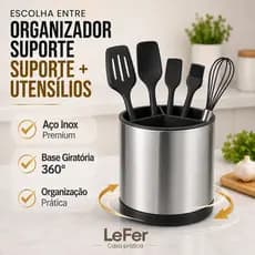 Organizador Porta Utensílios + Kit  Utensílios 5 peças Inox Giratório 360 Escorredor 3 Divisórias