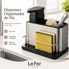 Organizador de Pia Aço Inox com Dispenser Porta Detergente Esponja Bucha Sabão Bancada Cozinha
