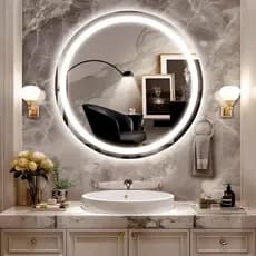 Espelho de vidro  jateado lapidado decorativo redondo 60cm luz led touch luxo