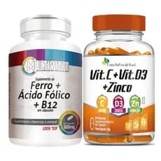 Ferro + Ácido Fólico + Vitamina B12 Metilcobalamina 500mg 60 Caps + Vitamina C + Vitamina D3 + Zinco 60 Caps Flora Nativa