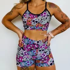CONJUNTO FITNESS TOP E SHORT CINTURA ALTA ESTAMPA CAVEIRA MEXICANA