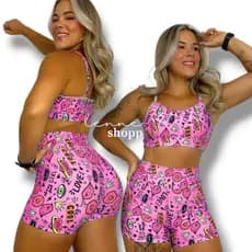 Conjunto Academia Fitness Short e Top Cintura Alta Estampas Variadas Moda Fitness