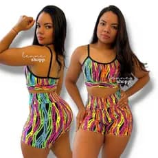 Conjunto Academia Fitness Short e Top Cintura Alta Estampas Variadas Moda Fitness