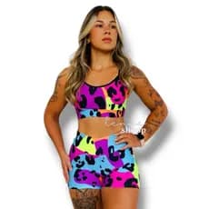 Conjunto Fitness TOP E SHORT Cintura Alta COLORIDO Academia