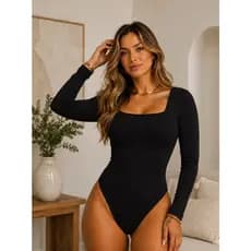 Body Feminino Manga Longa Suplex Premium Decote Quadrado Elegante Modelador Confortável Tamanho Único 36 ao 42