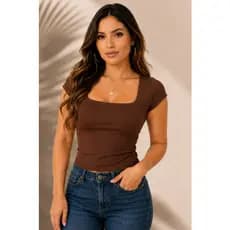 Blusa Feminina Casual Elegante Suplex Manga Curta Decote Quadrado