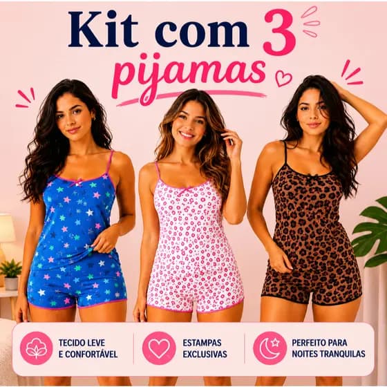 Kit Com 3 Pijamas Femininos Short Doll Estampado Pijama Feminino Fresquinho