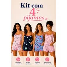 Kit 4 Pijamas Femininos Short Doll Estampas Variadas Leve Confortável P ao GG