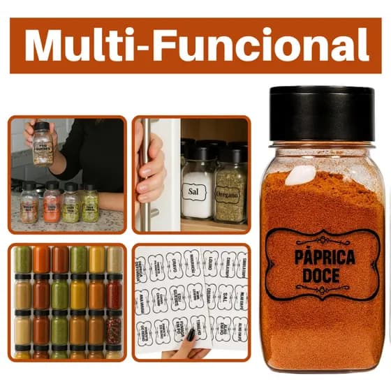 Kit 20 Potes de Tempero + ETIQUETA Tampa dosadora Dupla com Vedação  Envio Imediato