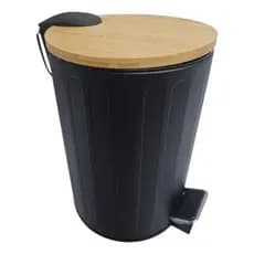 Lixeira Redonda de Metal com Pedal e Tampa em Bambu Preta 5L 🚮 | Lixeira Compacta para Banheiro e Ambientes Pequenos