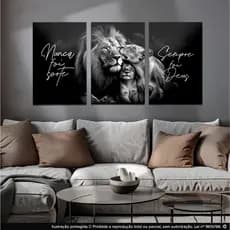 Quadro Decorativo casal leão com filhote nunca Foi Sorte sempre foi Deus Para Sala Grande 4k  3 Peças Sala Escritório