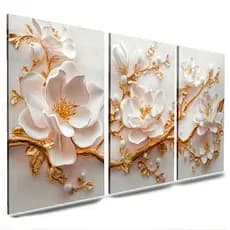quadros flores tulipas rosas delicadas flores gold luxo dourado 3 peças para sala e quarto mdf