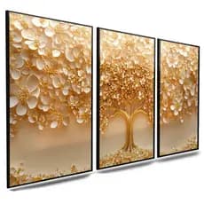 Quadro decorativo arvore da vida dourado Kit com 3 Peças mdf quarto sala escritório modelo moderno mdf
